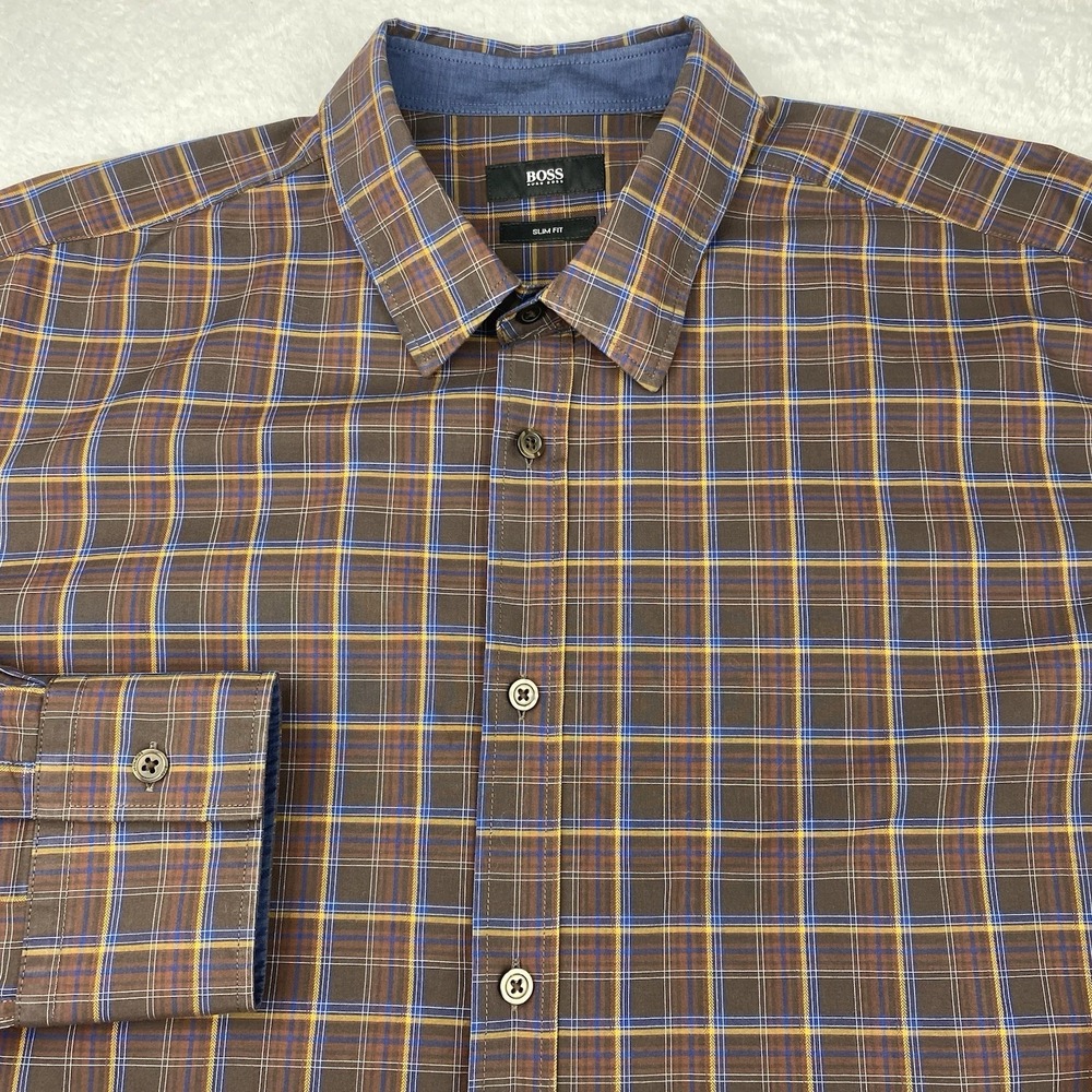 BOSS Hugo Boss Mens Dress Shirt XL Blue/Brown Plaid Slim Fit Contrasting‎ Trim